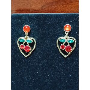 Gold-Toned Heart Earrings w/ Cherries